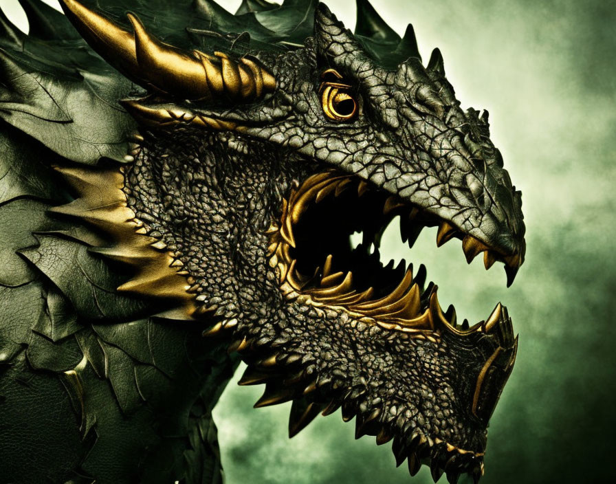 Dragon with Sharp Teeth and Glaring Eye on Green Background