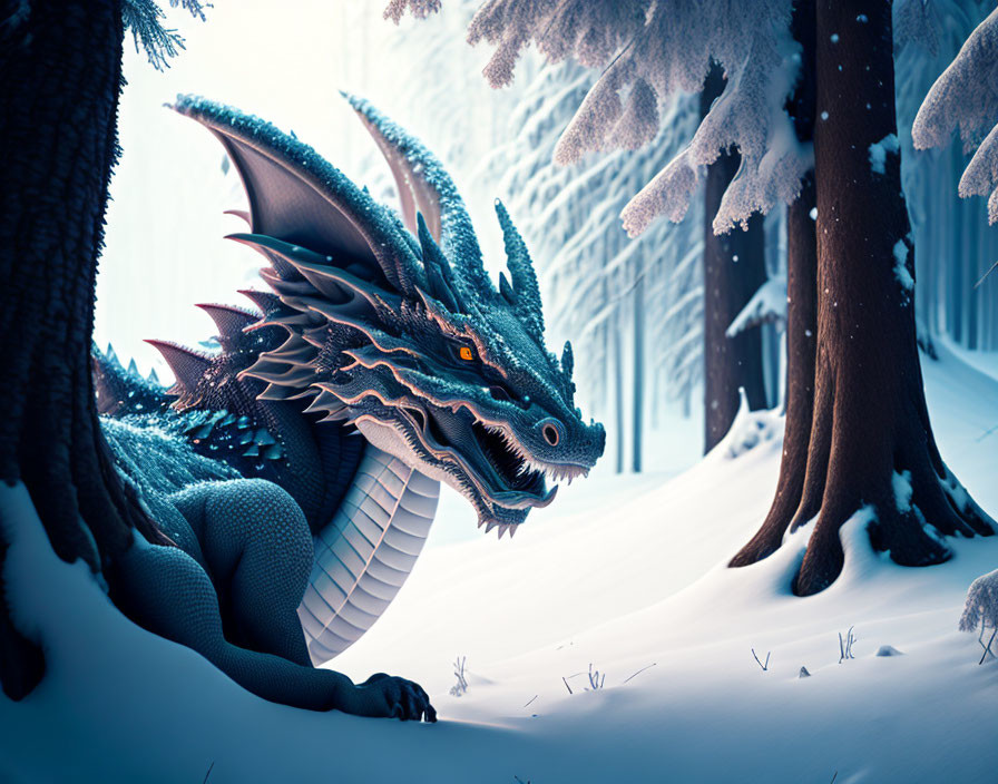 Blue Dragon in Snowy Forest with Orange Eyes and Intricate Scales