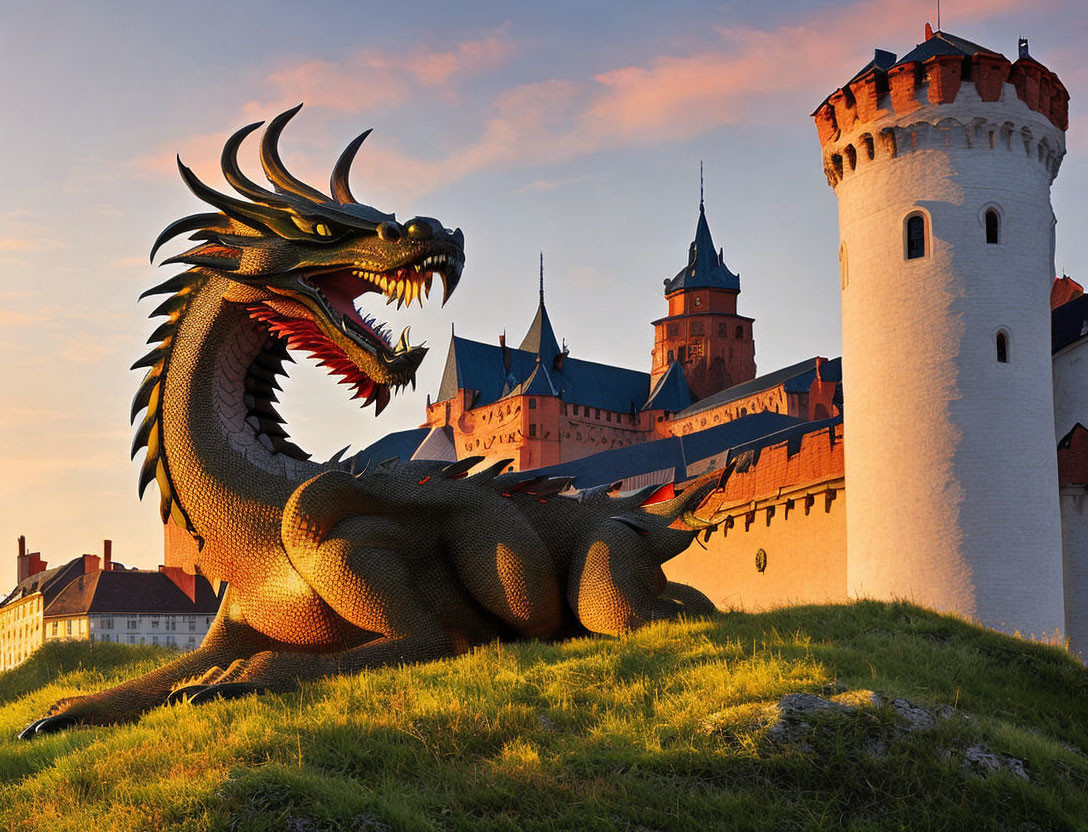 Dragon sculpture in front of castle at sunset with warm sunlight hues.