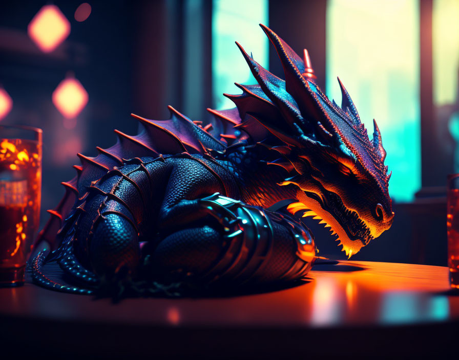 Detailed 3D Dragon Illustration on Wooden Surface with Neon-Lit Backdrop