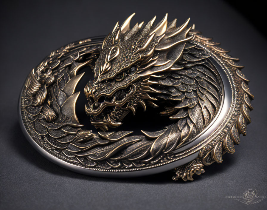 Detailed Metallic Dragon Sculpture on Dark Background