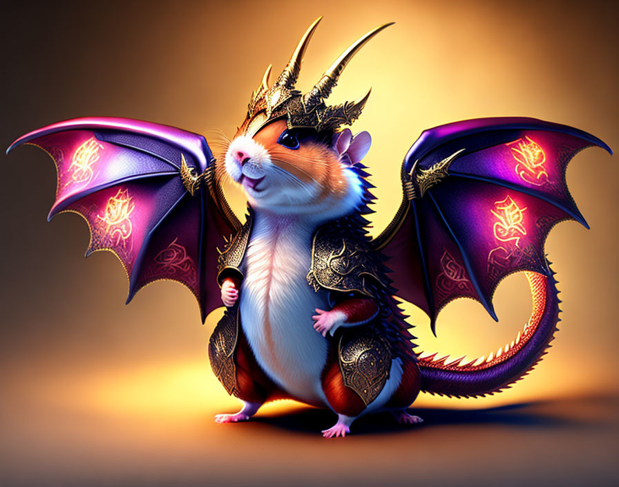 Digital artwork: Hamster with dragon wings, horns, and armor on amber backdrop