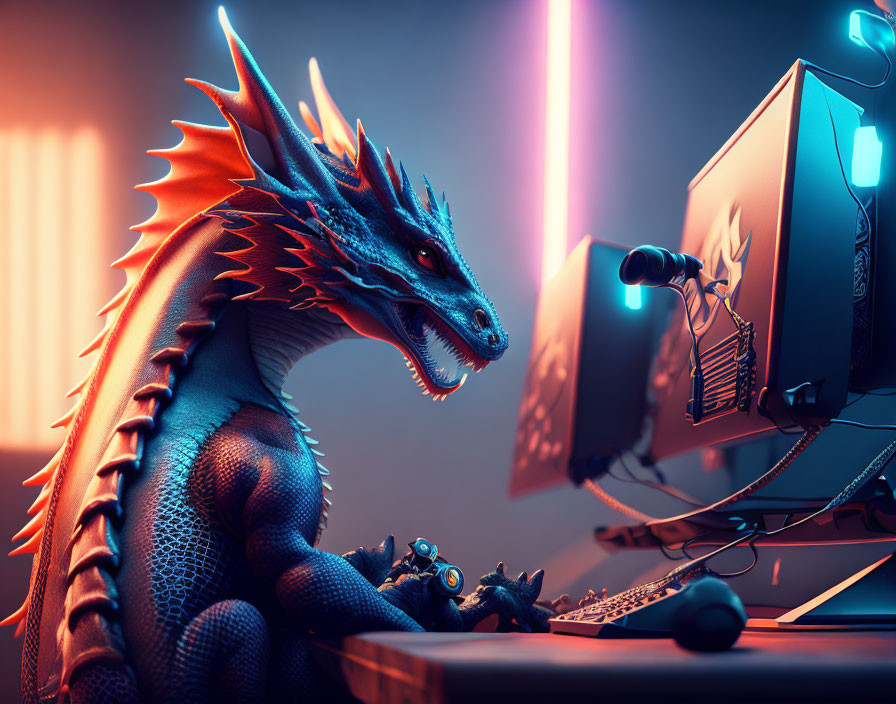 Digital illustration: Dragon gaming at computer with accessories