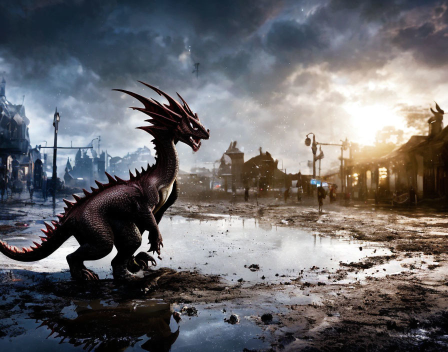 Red dragon in medieval town square at sunrise/sunset with stormy clouds and wet ground reflections