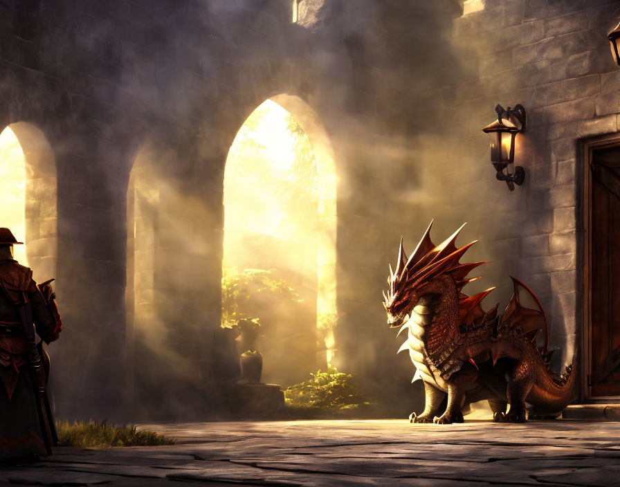 Mystical dragon and cloaked figure in medieval courtyard with arches