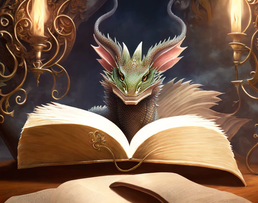 Intricate dragon figurine on open book with golden edges and candlelight