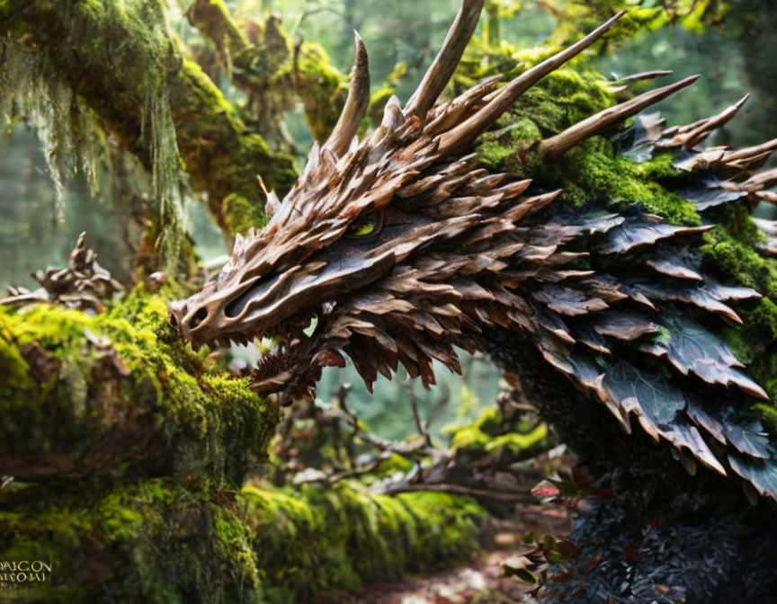 Detailed Illustration: Brown Dragon in Moss-Covered Forest