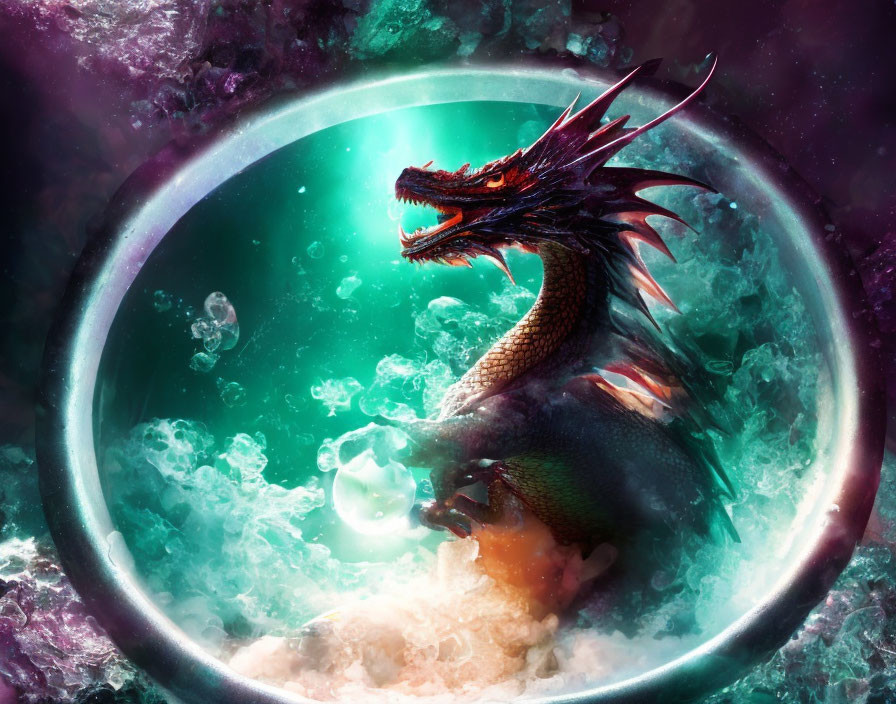 Majestic dragon emerging from turbulent waters in a cosmic nebula setting