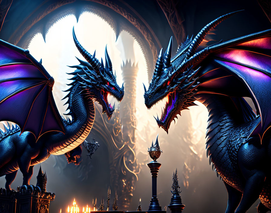 Majestic blue dragons in moonlit gothic castle scene