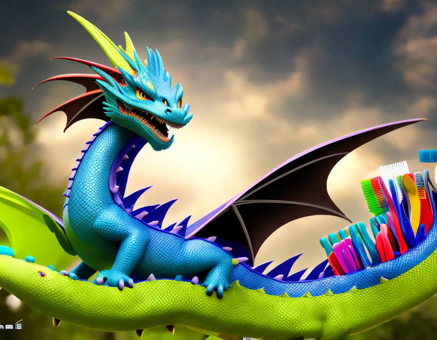 Vibrant digital artwork: Blue dragon with spikes and wings on leaf against cloudy sky.