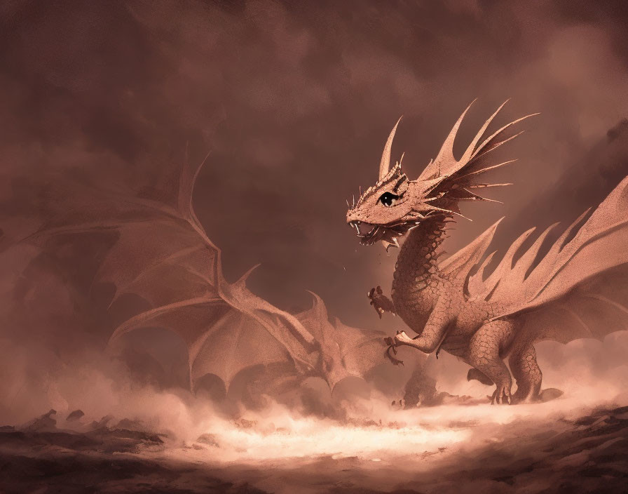 Majestic dragon with outstretched wings in mystical atmosphere