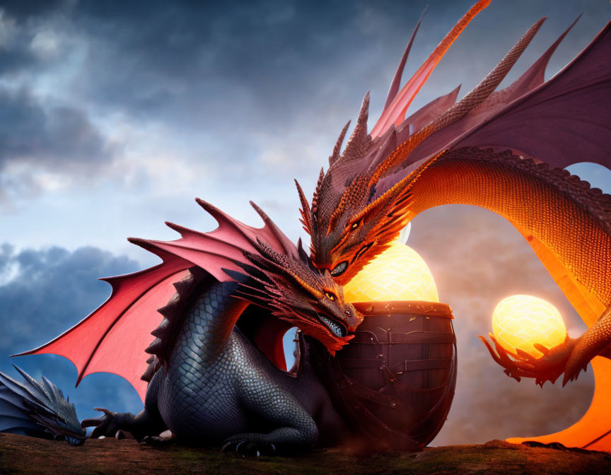 Vibrant red and orange dragons with glowing orb under dramatic sky