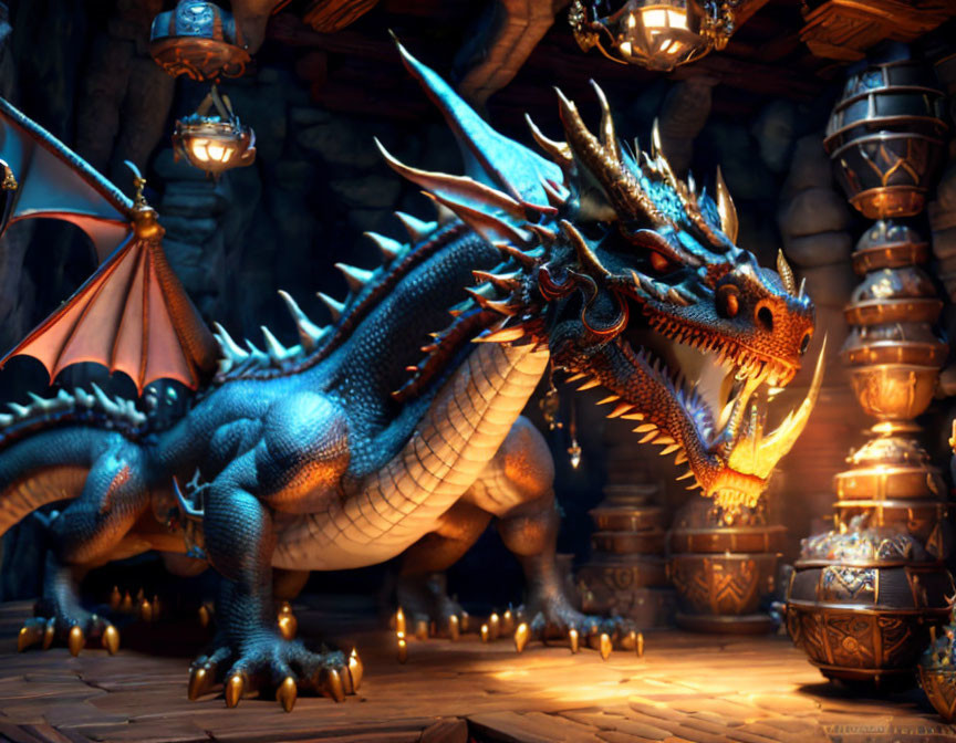 Detailed Illustration: Blue Dragon in Dungeon with Treasure and Glowing Braziers