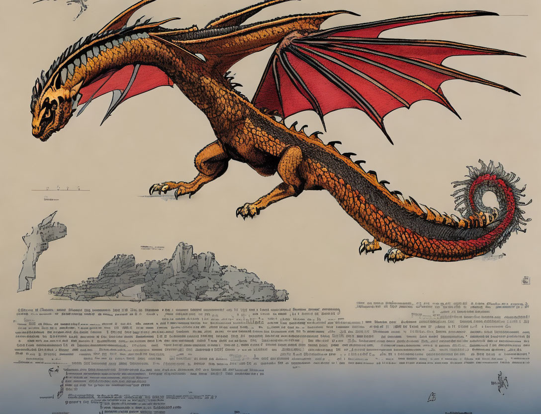 Red-scaled dragon with large wings on text and castle background