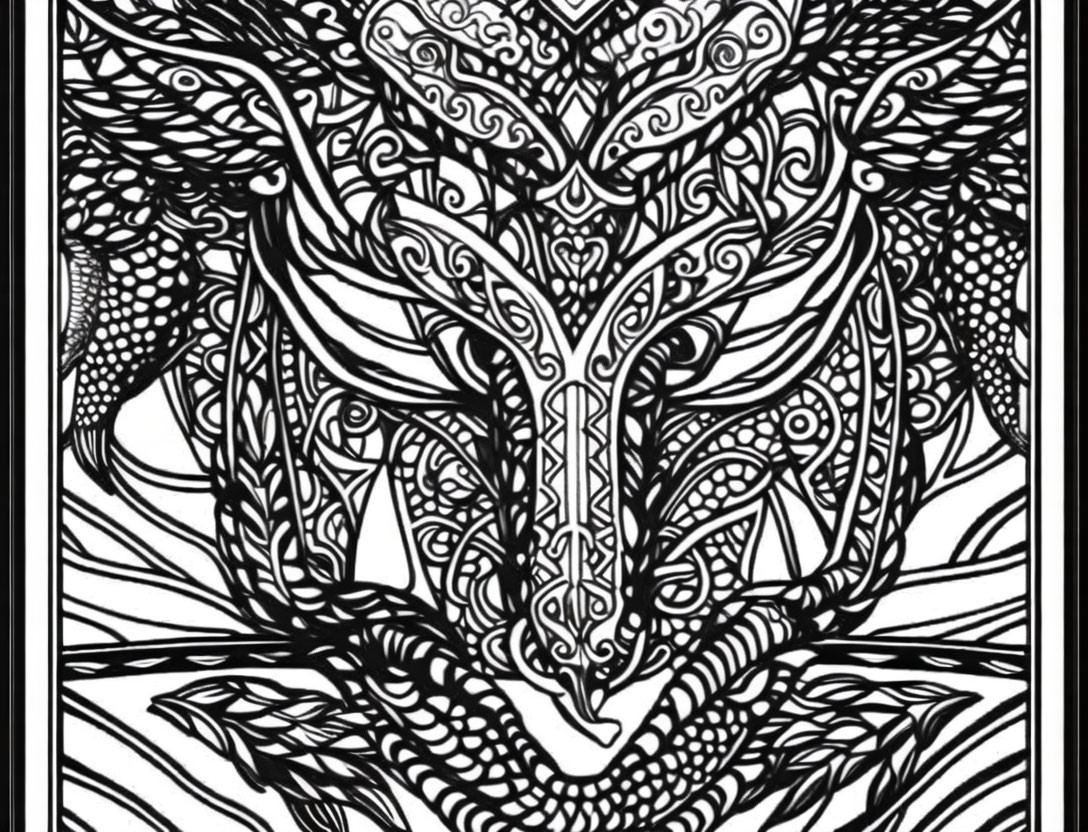 Symmetrical black and white pattern with organic and geometric shapes resembling an animal or totem