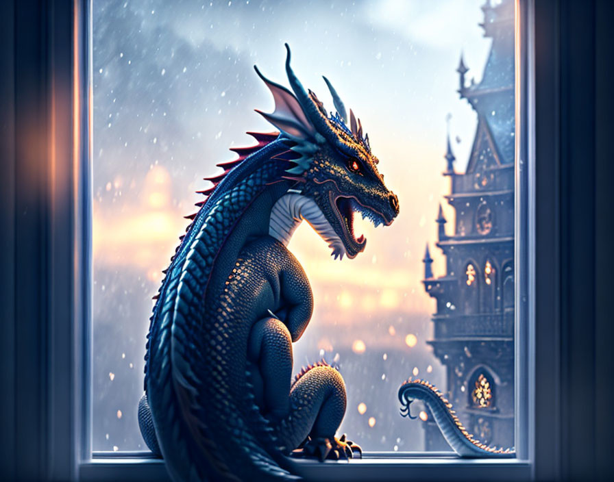 Blue dragon perched on windowsill overlooking snow-covered castle at twilight