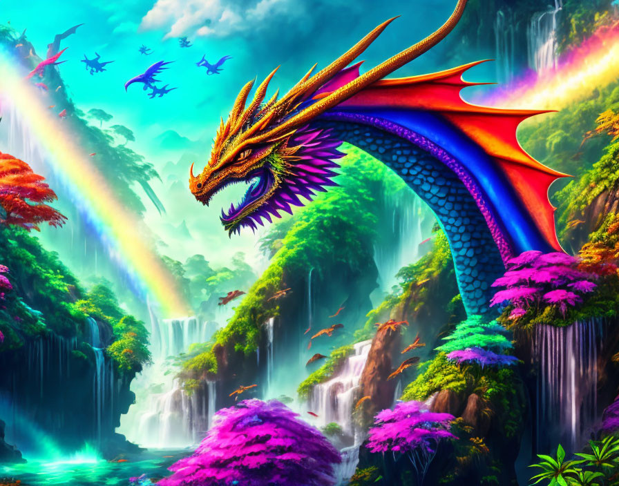 Colorful dragon with rainbow wings above lush waterfall landscape