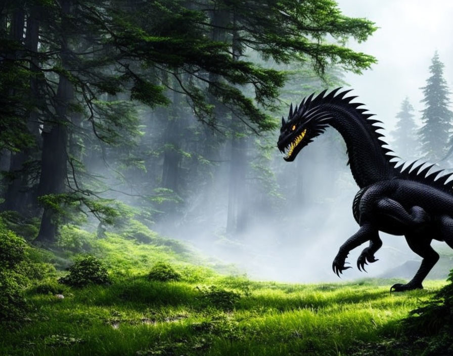 Black Dragon with Yellow Eyes in Misty Forest Fantasy Scene