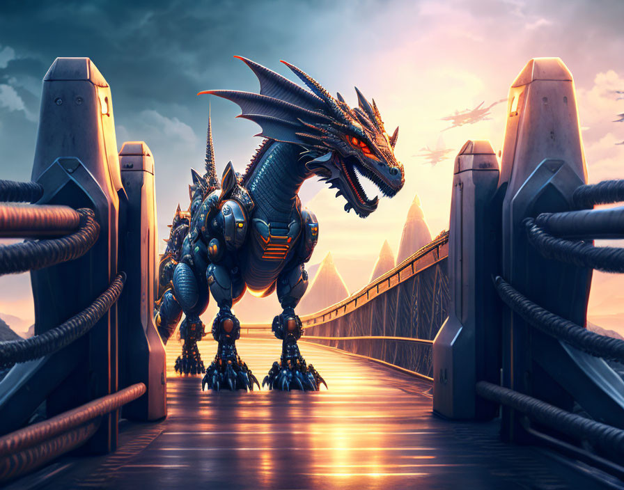 Mechanized dragon on futuristic bridge at sunset