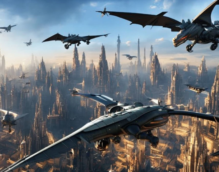 Futuristic cityscape with flying vehicles and dragons above towering spires