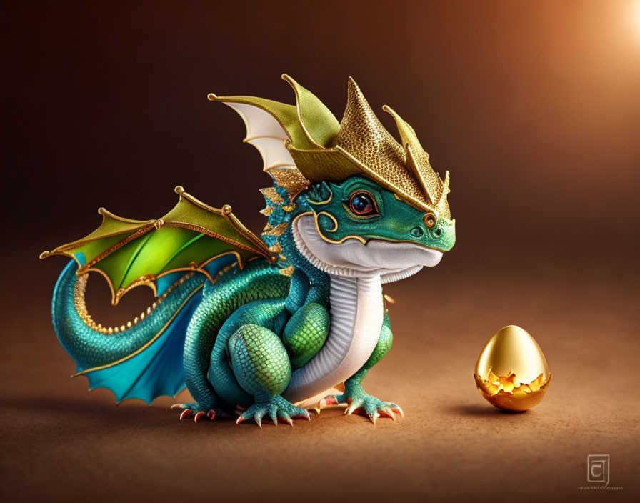 Colorful dragon with golden horns and wings beside cracked egg on moody backdrop