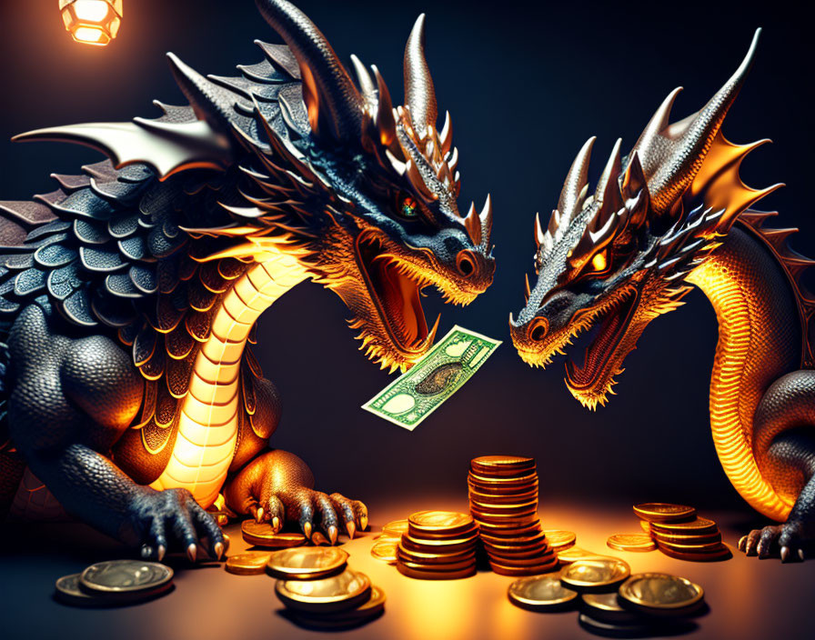 Two dragons guarding gold coins, one with a dollar bill.