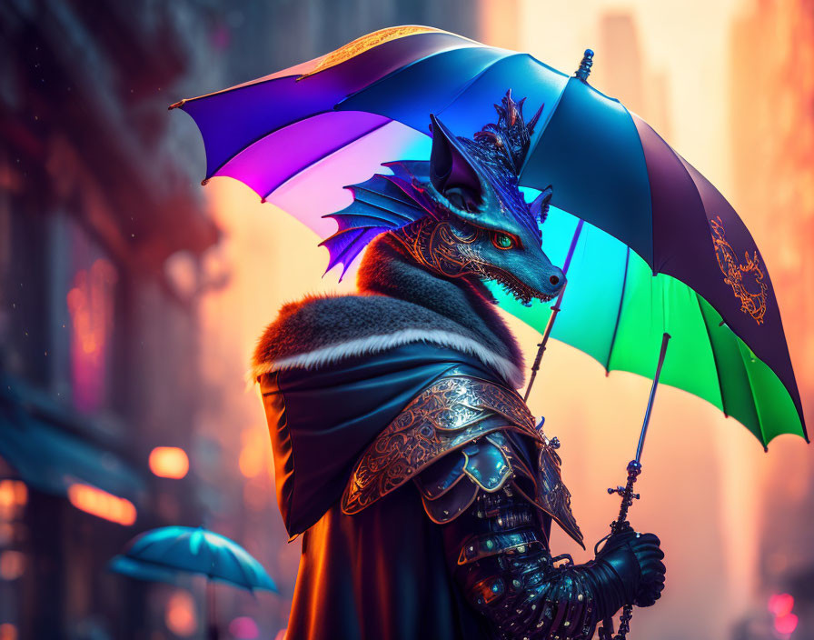 Dragon in knight armor with colorful umbrella in urban alleyway