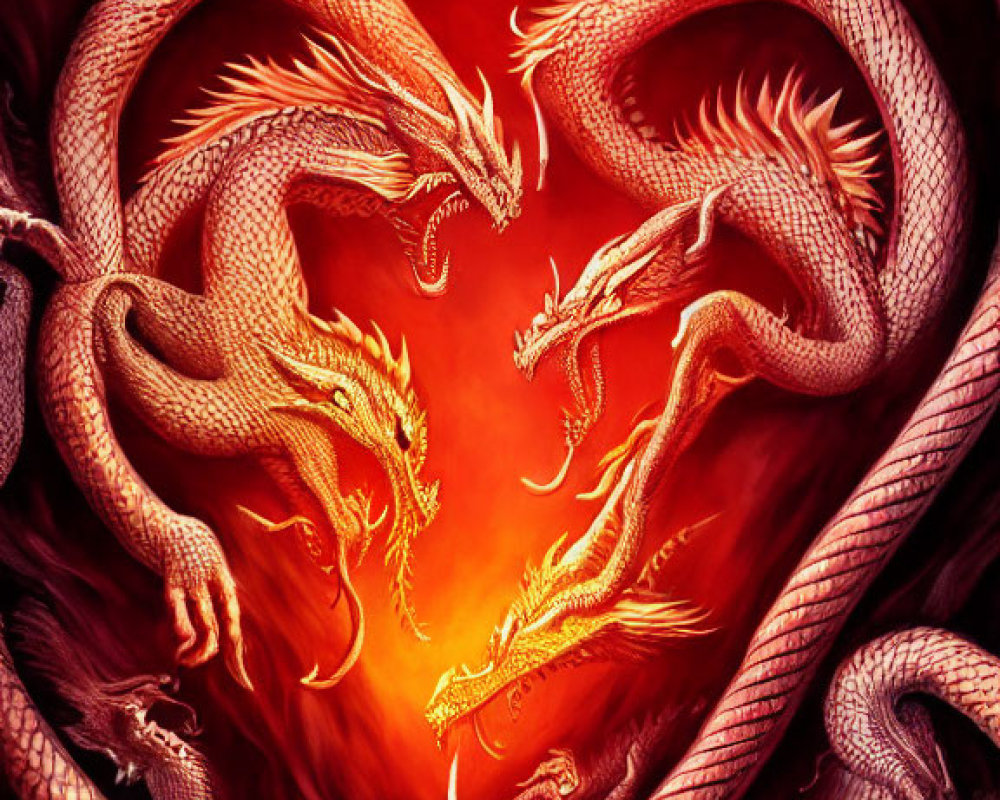 Interwoven dragon illustration with fiery backdrop