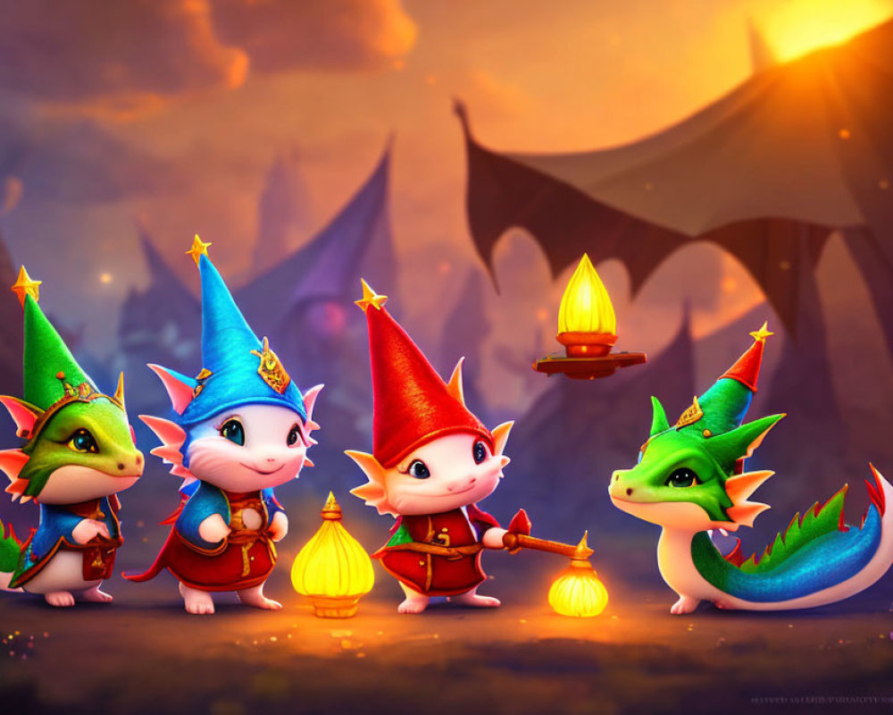 Four Cartoon Dragons in Wizard Hats with Glowing Lantern in Twilight Setting