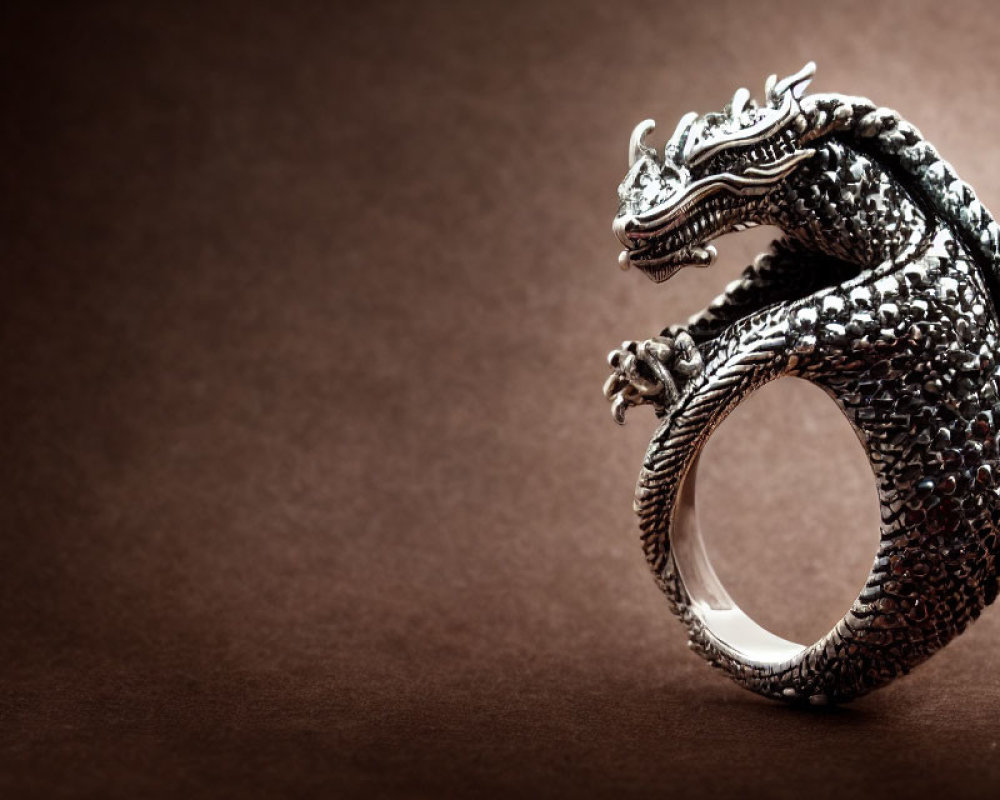 Dragon-shaped Metallic Ring on Dark Brown Background