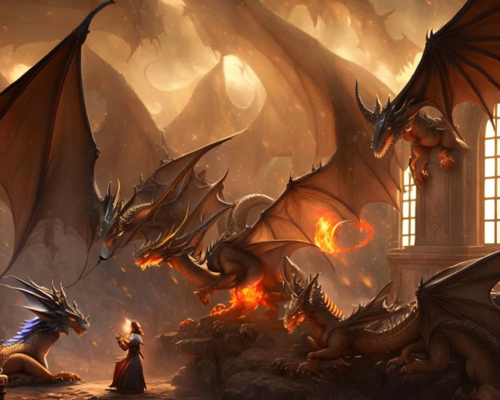 Robed Figure Confronts Dragons in Grand Hall