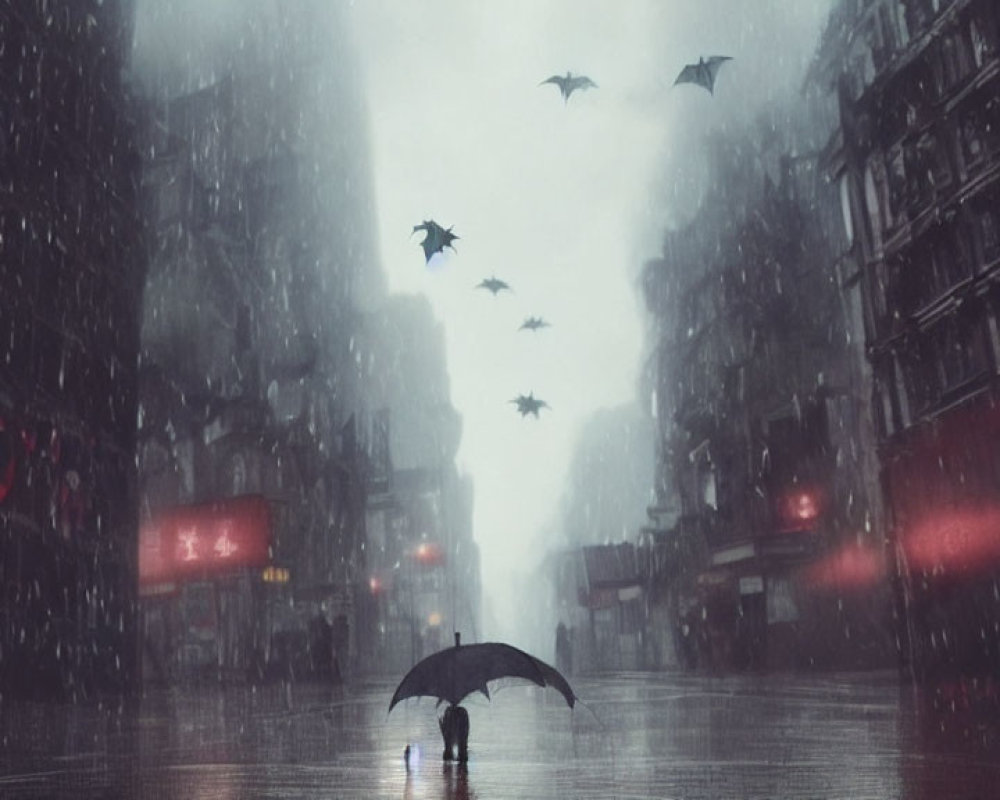 Figure with umbrella in rain-soaked city street with neon signs and flying creatures at dusk