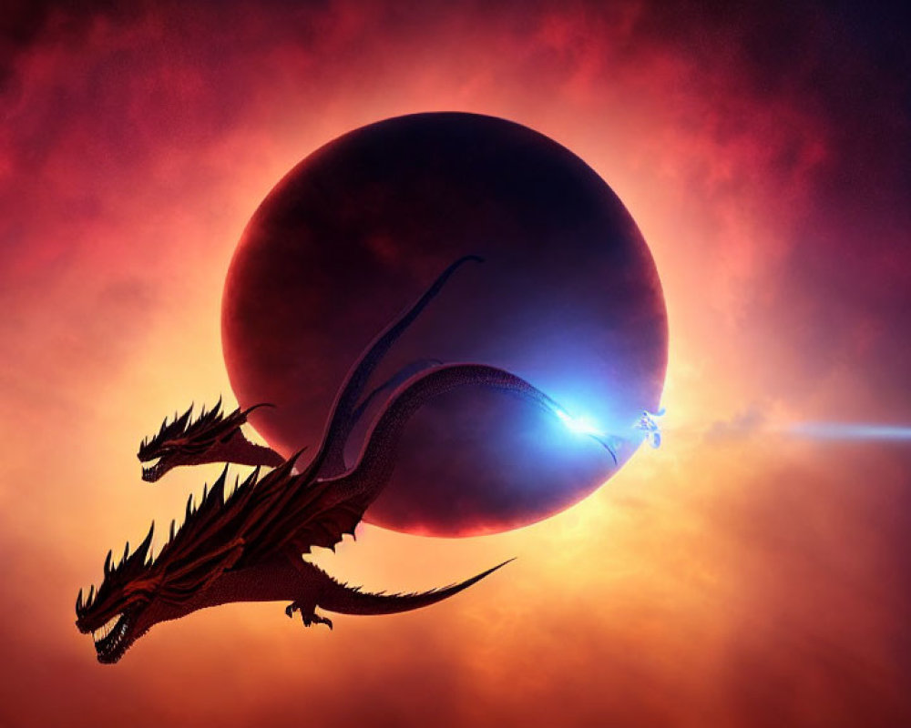 Majestic dragon soaring against fiery skies and planet landscape