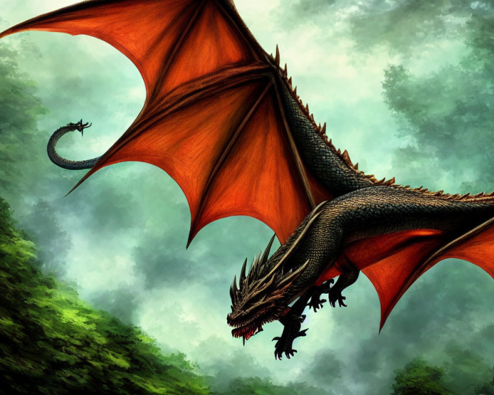 Majestic red-winged dragon flying in misty green skies