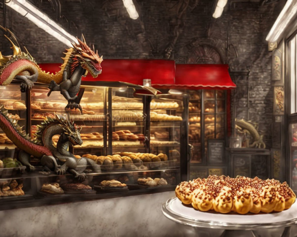 Dragon in Bakery with Pastries and Fresh Baked Goods