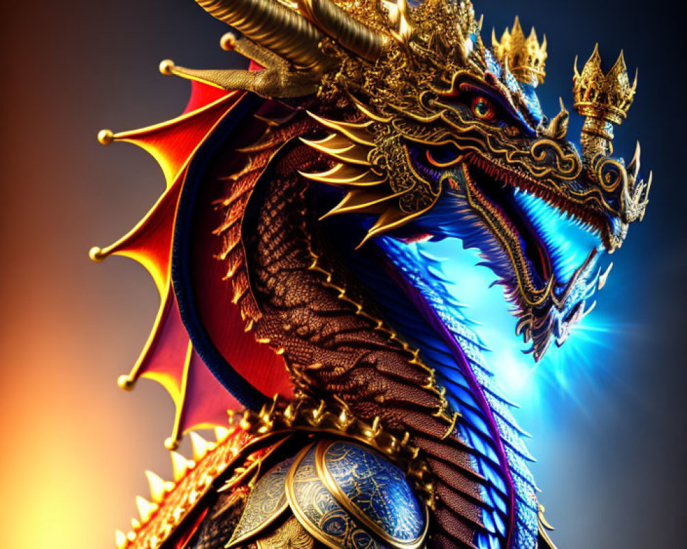 Detailed mythical dragon illustration with golden horns and ornate decorations on orange and blue gradient.