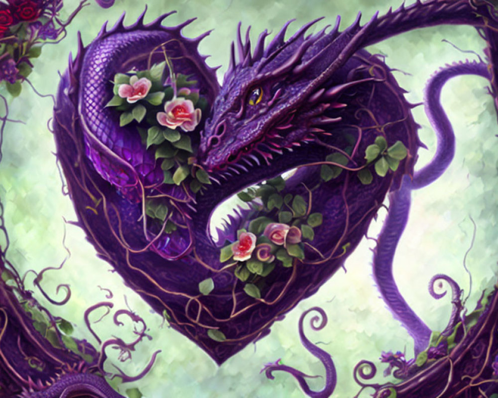 Purple Dragon with Green Eyes in Heart Shape Among Roses and Vines