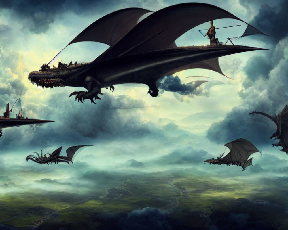 Dragons and riders soar over lush landscape under dramatic sky