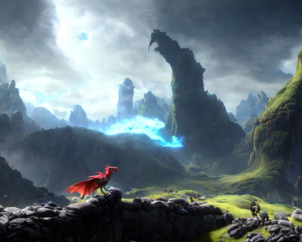 Red Dragon Perched on Stone Wall Overlooking Mystical Valley