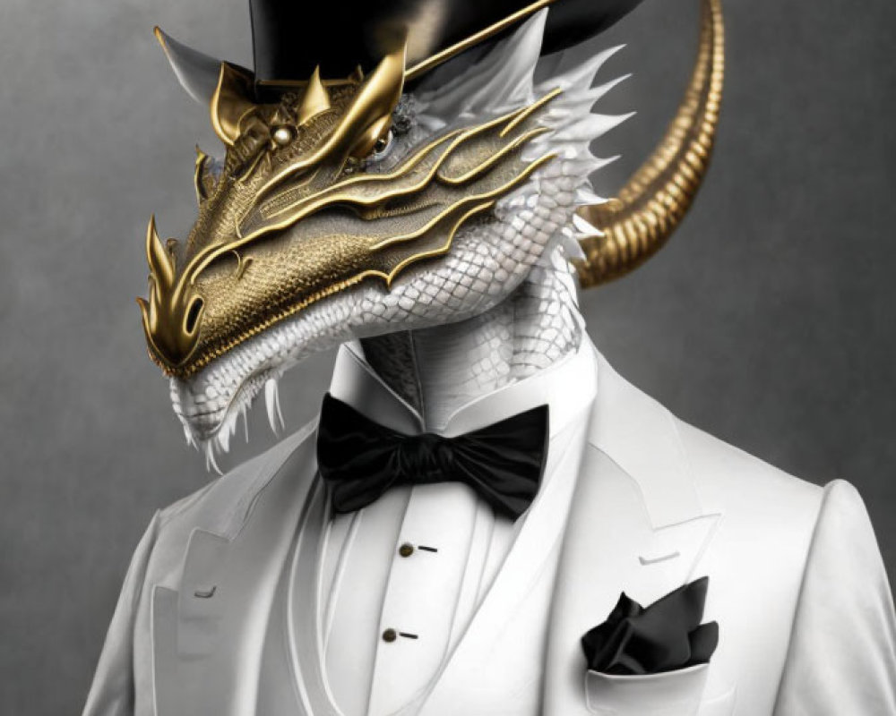 Dragon-headed figure in white suit, black bow tie, and top hat on grey background