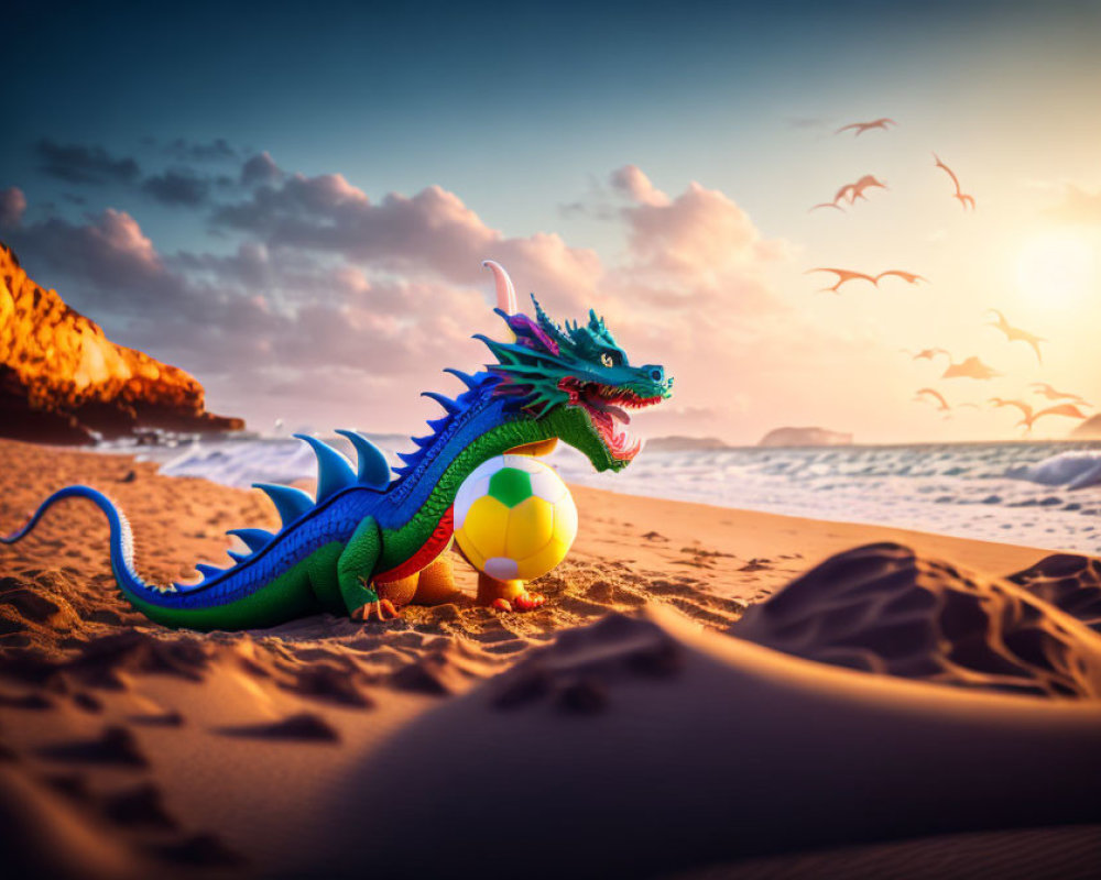 Colorful Toy Dragon with Soccer Ball on Sandy Beach at Sunset