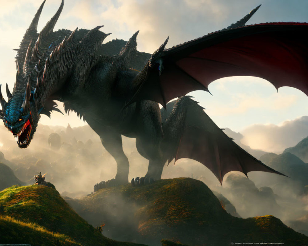 Enormous dragon on hillock with spread wings and misty mountains.