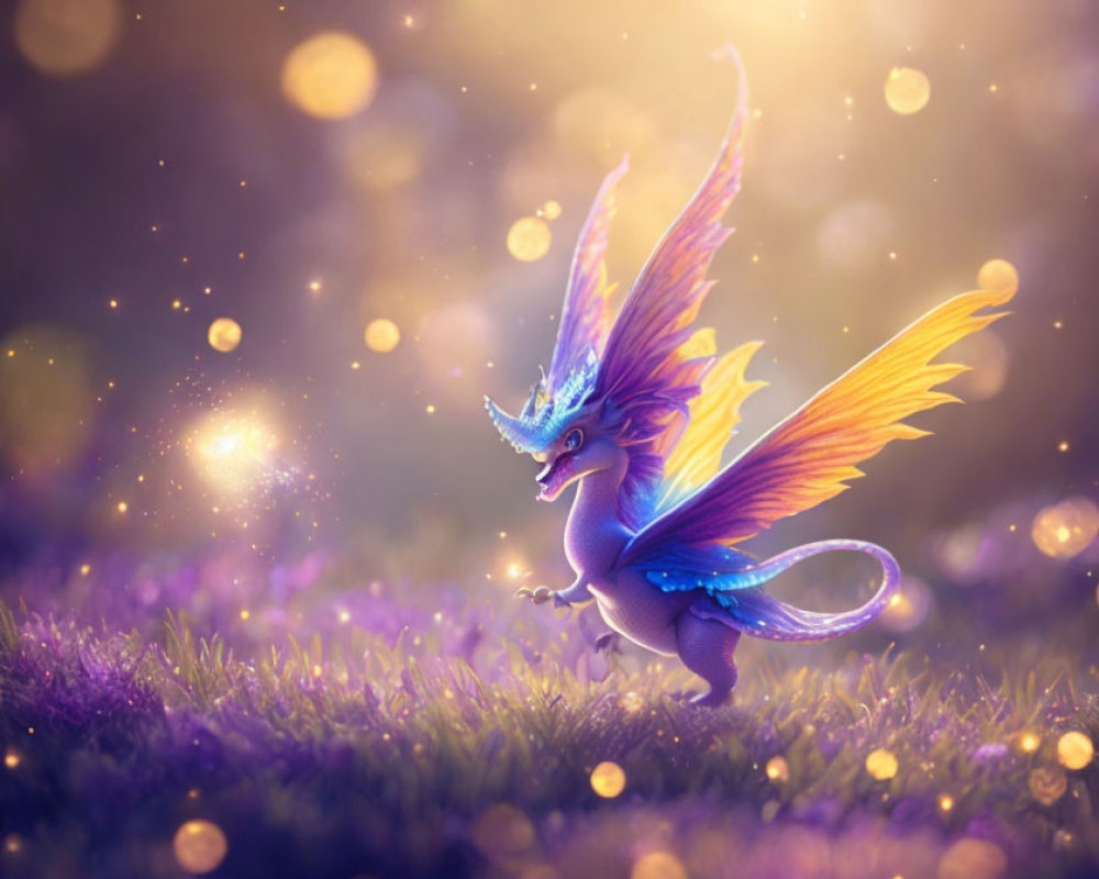 Colorful mythical dragon in magical meadow with vibrant wings