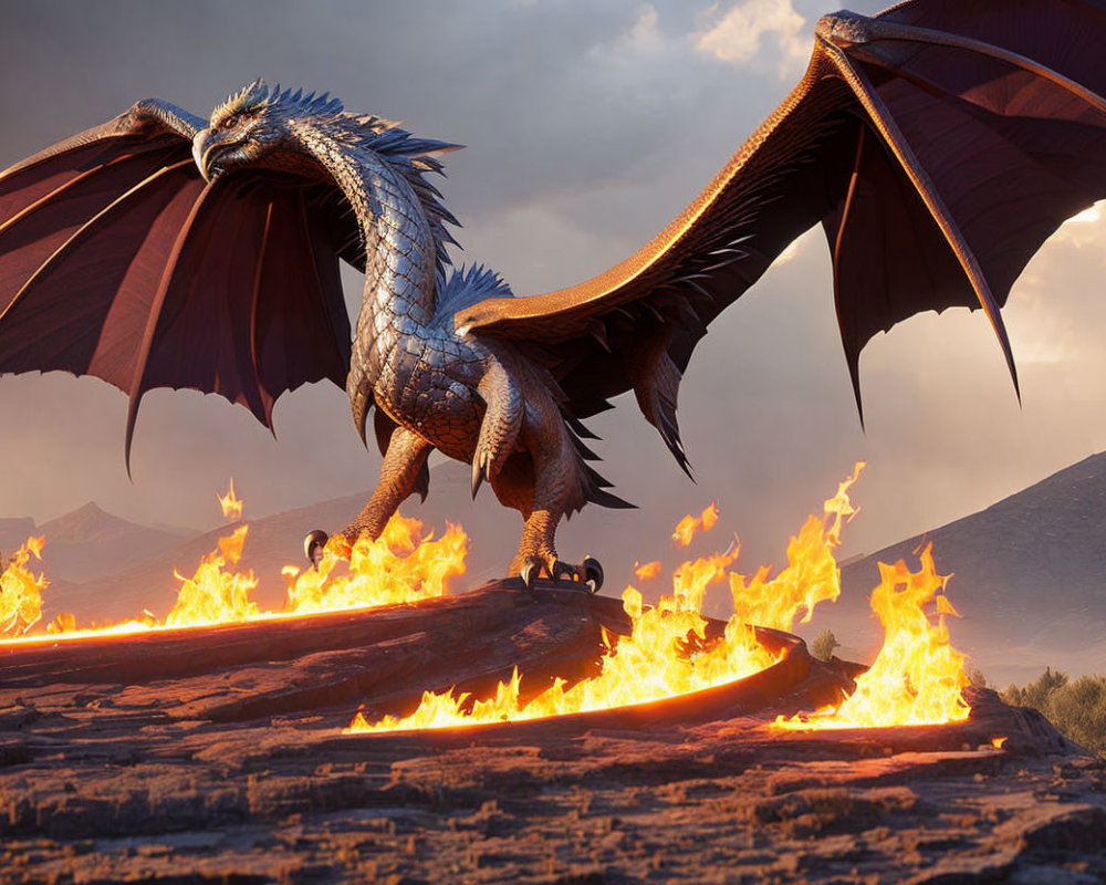 Majestic dragon on fiery landscape with spread wings