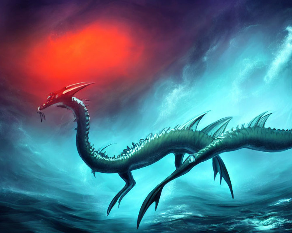 Majestic sea serpent in red and blue sky landscape