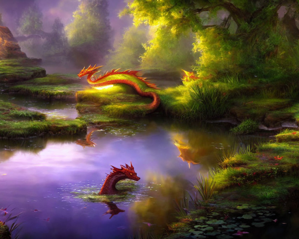 Colorful Mythical Dragon in Misty Forest with Purple Pond