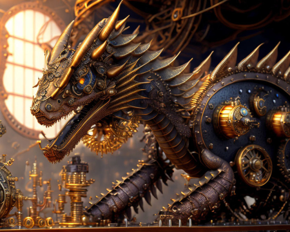 Detailed Steampunk Mechanical Dragon on Cog-Filled Background