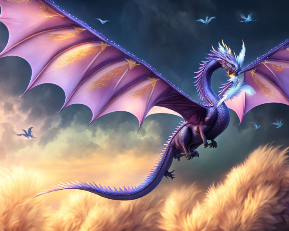 Purple Dragon with Expansive Wings in Dramatic Sky