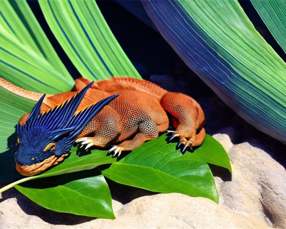 Colorful iguana with blue spines on green leaf with palm fronds.