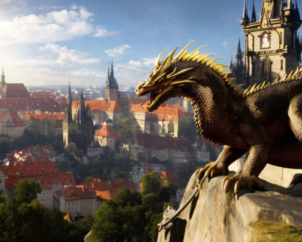 CGI dragon overlooking historic city with church and sunny sky